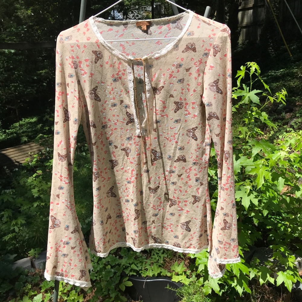 Arden B boho butterflies and leather tie blouse